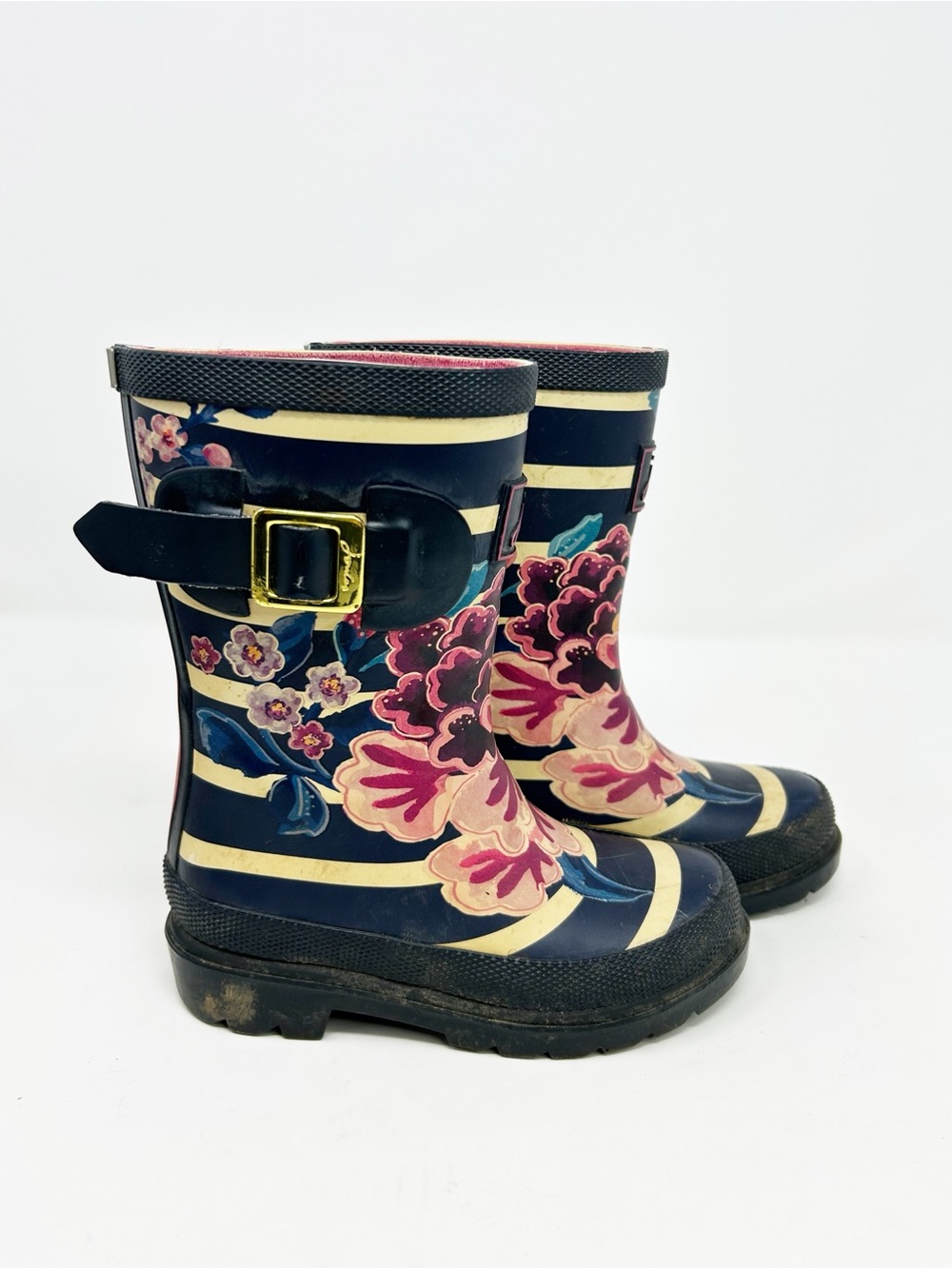 Joules Girls Welly Rain Boots Navy Stripe Floral Buckle Pull-On Mid-Calf Size 9